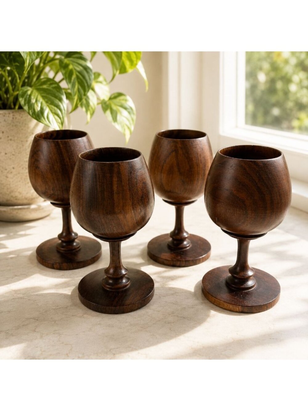 Set Of 4 Vintage Handcrafted Wooden Goblets With Pedestal Base - 5.5" Tall